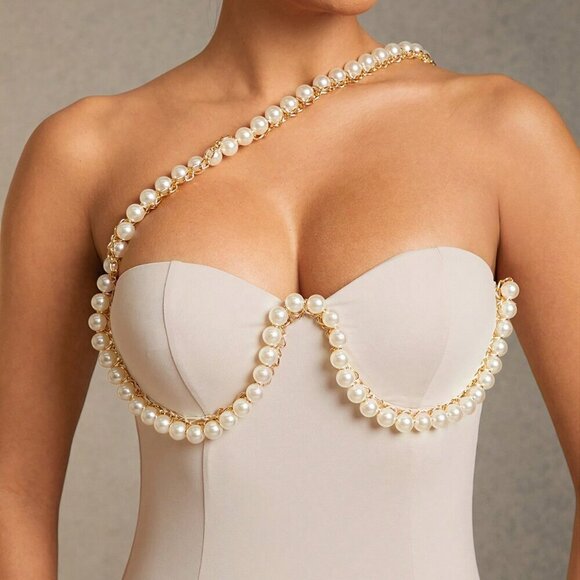 White Elegant Women's Jersey Pearl Embellished Bustier Mermaid Maxi Dress - Picture 4 of 5